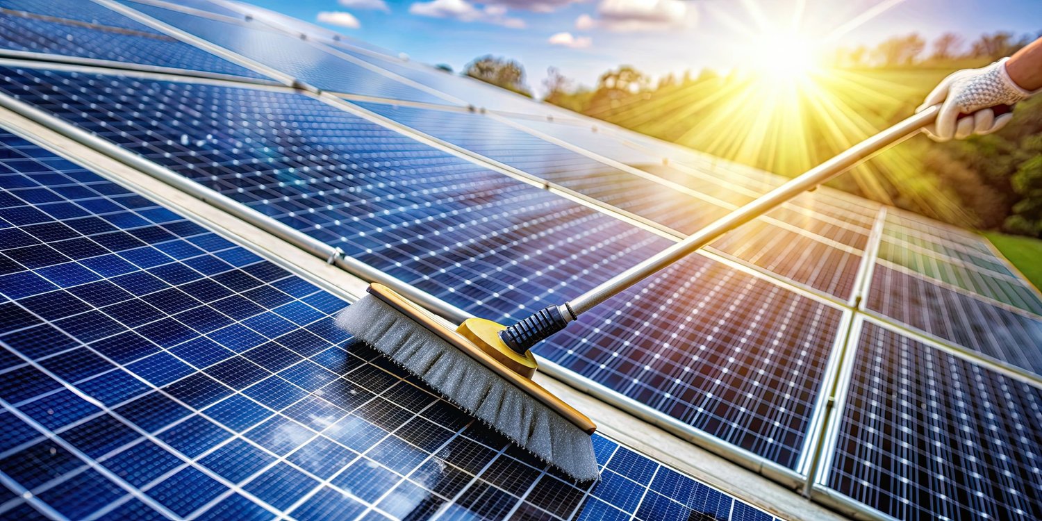 Zonnepanelen worden schoongemaakt met een borstel onder een zonnige hemel